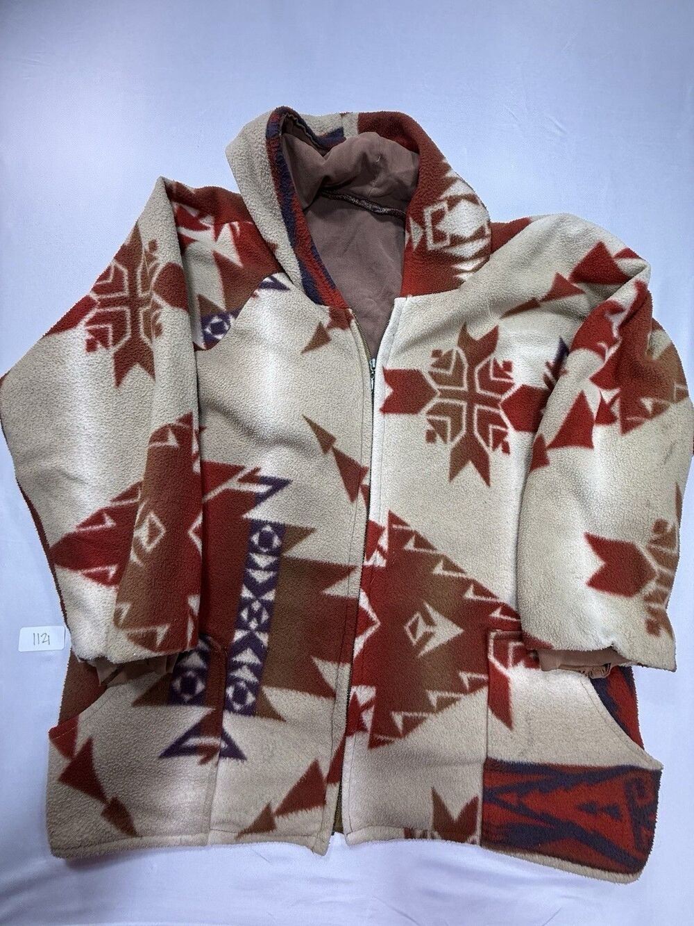 Vintage Southwest Aztec Fleece Jacket Hooded Full Zip Tribal Western Oversized